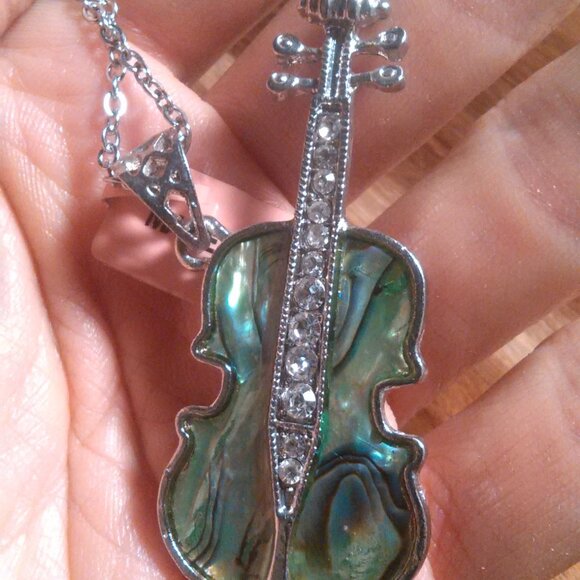 Abalone and White Crystal Silvertone Pendant Stainless Steel Necklace - Picture 9 of 9